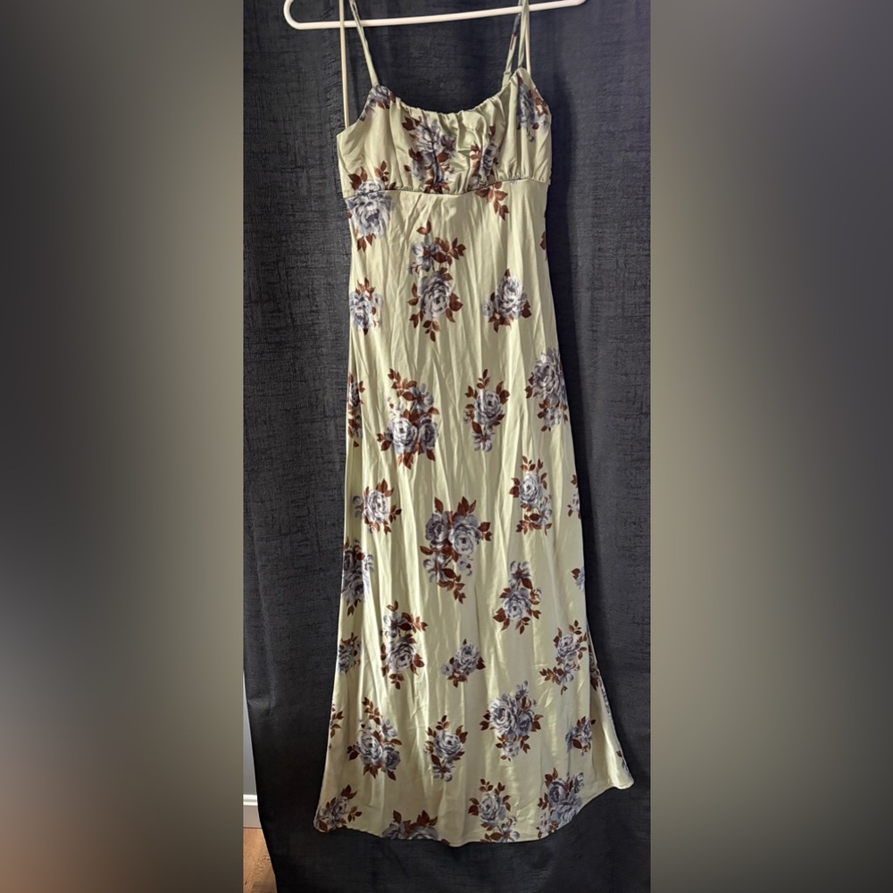 Sage Floral Satin Dress with Brown and Gray Roses